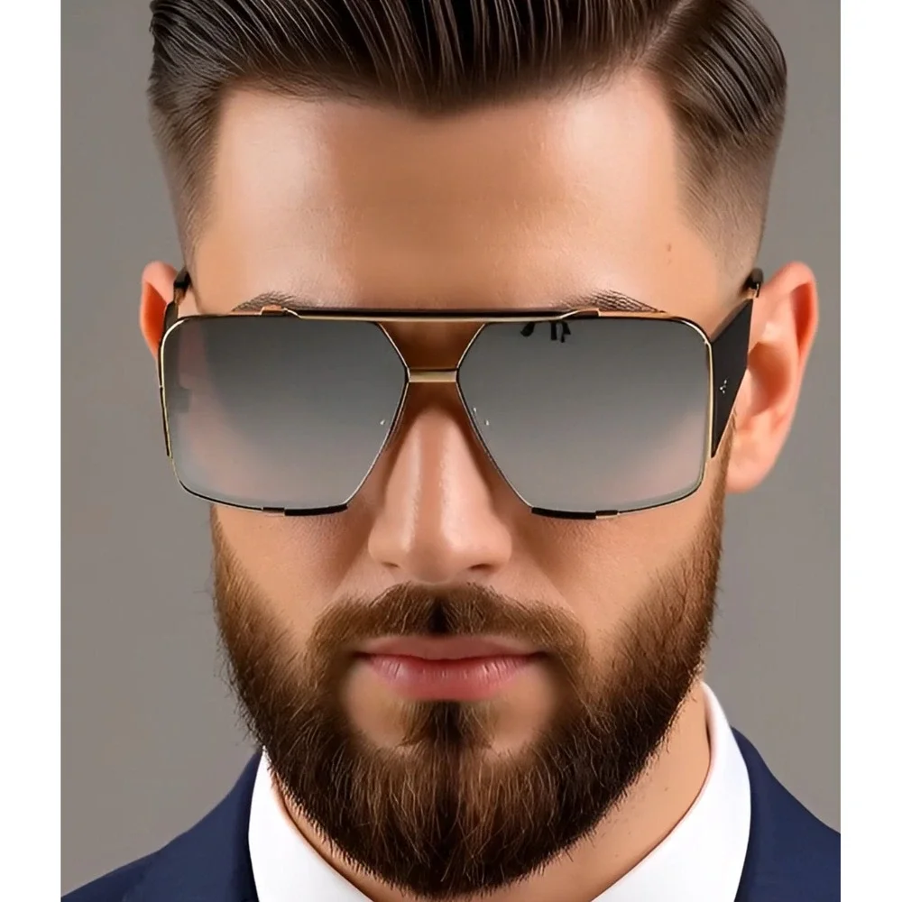 Square Sunglasses Gold Frame Silver Mirror Lens‎ Fashion Men Beach Street Wear